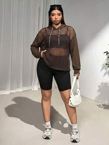 SHEIN EZwear 大尺碼女款春夏長袖休閒對比網紗透視連帽帽 T恤運動衫 秋冬適用 - 棕色 - 查看 4