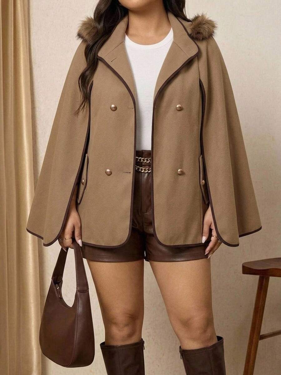 Comfylo 大码女式纯色休闲毛绒蝙蝠袖外套，女式冬装外套，斗篷式外套，棕色外套，女式冬季服装，女式秋季服装，韩版时尚女装，简约休闲百搭罩衫，秋冬季 - 咖啡棕 - 查看 1