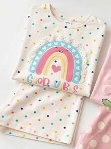 Cute 3D Rainbow Colorful Polka Dot Pattern, Young Girls Simple Casual Loose Top And Shorts 2-Piece Set Suitable For Spring/Summer Daily, Homecoming, Back To School, Cute Vibes, Chill Chill - Multicolor - View 5
