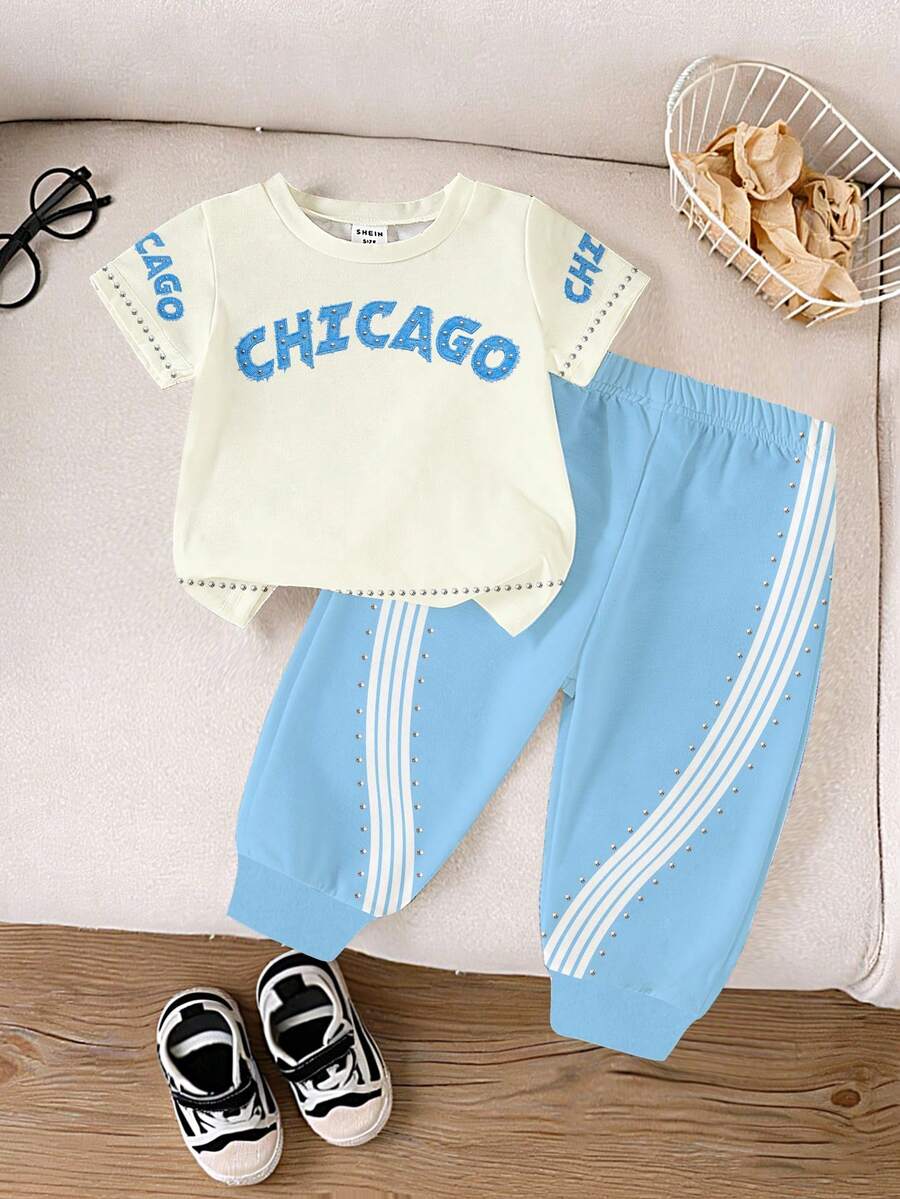 Série Esportiva Casual Menino Bebê (0-3 Anos) Camiseta de Gola Redonda com Estampa de Letras & Números em Contraste Colorido e Calça Jogger Versátil e Confortável Combinando, Básico Confortável para o Dia a Dia, Camiseta Menino Bebê Primavera Verão Outono, Camiseta Menino Bebê, Calça Versátil Menino Bebê, Adequado para Verão, Casual, Uso Externo - Multicolorido - Visão 1