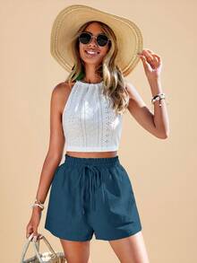 Travachic Pantalones cortos de primavera con cintura de cordón de unicolor para mujer - Azul - Ver 6