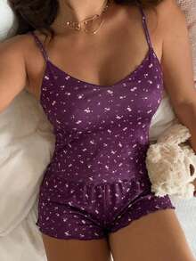 DAZY 甜美碎花無袖背心上衣與短款睡褲套裝，女款夏季睡衣套裝 - 紫色 - 查看 7