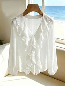 Jade & Ember Women's Solid Color V-Neck Ruffle Trim Casual Elegant Romantic Long Sleeve Top Tea Party White Autumn - White - View 4