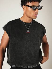 SUMWON Crop Fit Washed Sleeveless Tank Top With Back Graphic Print And Front Logo Detail - Black - View 5