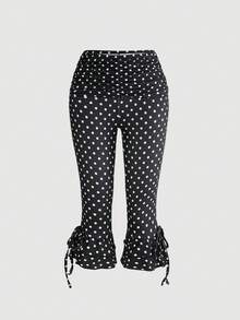 ROMWE Avant Vintage Y2K Style Vacation Retro Polka Dot Patchwork Ruched Fitted Women's 7/8 Length Pants - Black - View 1