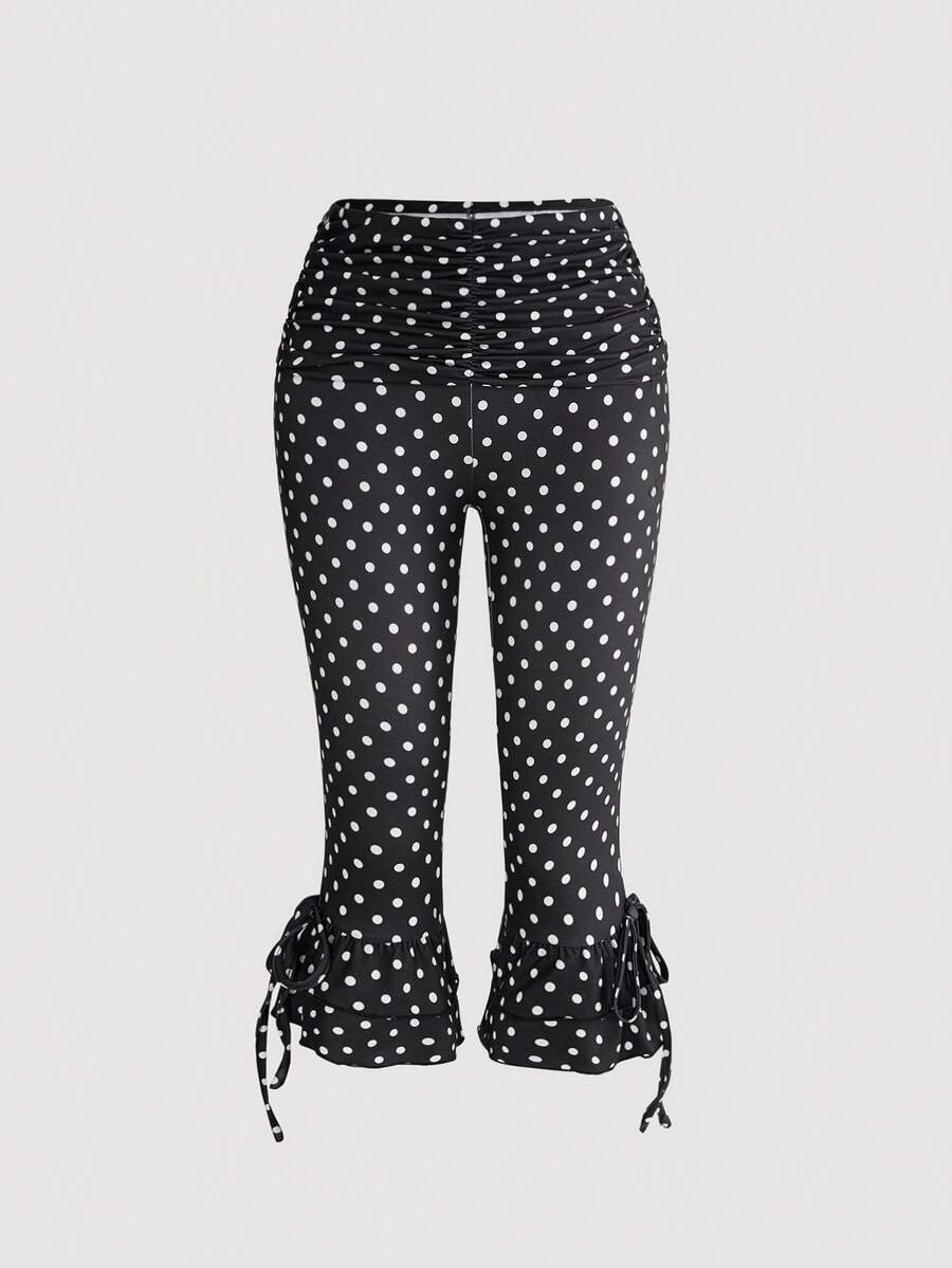 ROMWE Avant Vintage Y2K Style Vacation Retro Polka Dot Patchwork Ruched Fitted Women's 7/8 Length Pants - Black - View 1