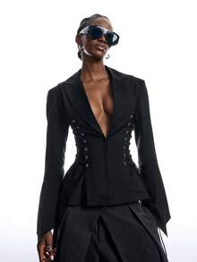 LYSMO Women's Fashionable Street Style Drawstring Tie-Up Elegant Blazer - Black - View 5