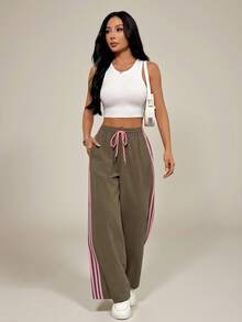 SHEIN PETITE Women's Gray Casual Loose-Fit Athletic Pants With Side Stripes And Elastic Waistband-A Fun Autumn,Petite Women Gym - Brown - View 7