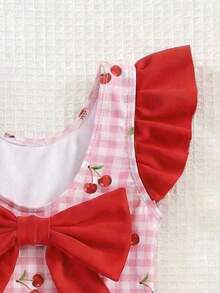 LMoss Kids Áo tắm liền thân cho bé gái in hình quả anh đào, phối bèo nhún ở nách và nơ phía sau, kiểu dáng đi biển/nghỉ mát. - Nhiều màu - Xem 4