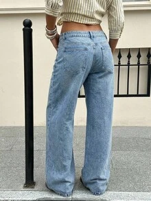SHEIN EZwear 大码休闲水洗口袋阔腿牛仔裤 - 淺色水洗藍 - 查看 2