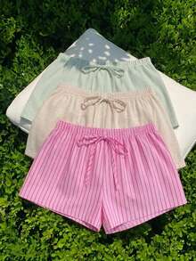 Comfortcana 3pcs/Set Comfortable Home Shorts Suitable For Summer Date Night Green Striped Beige Pink Stripe Casual - Multicolor - View 6