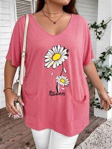 SHEIN CURVE+ Plus Size V-Neck Daisy Print + Pocket Long Loose Casual T-Shirt - Pink - View 4