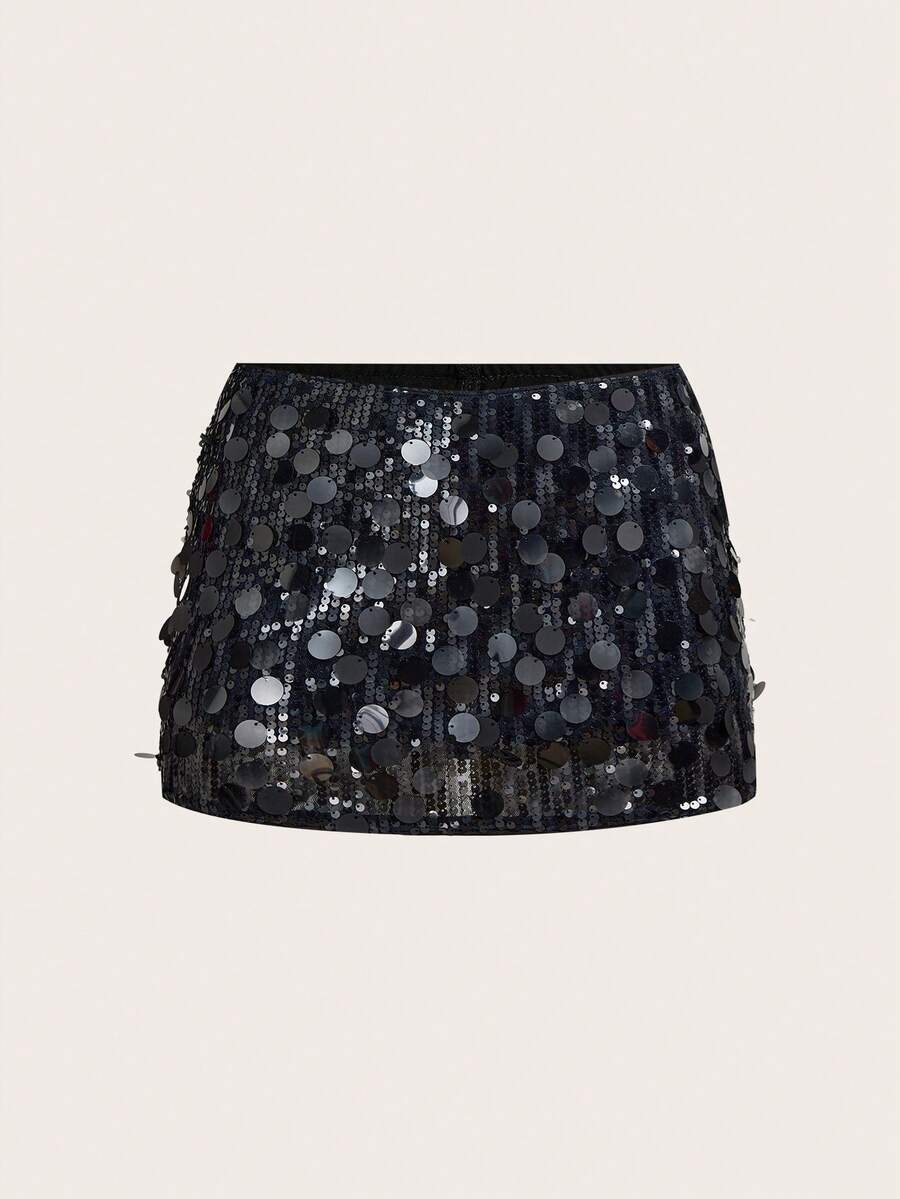 SHEIN ICON Black Low Rise Sequin Decor Bodycon Mini Skirt Night Autumn - Grey - View 1