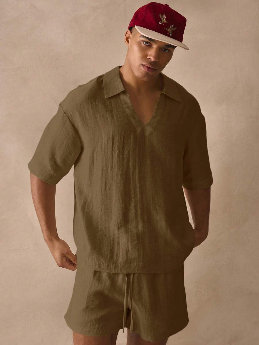 Musero Oversized Short Sleeve Deep V Neck Collared Drop Shoulder Thick Hem Linen Shirt Spring Summer Essentials Beachy Holiday - Khaki - View 1