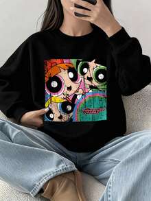 THE POWERPUFF GIRLS X SHEIN Tween Girl 休闲卡通印花长袖圆领运动衫，适合秋冬季 - 黑色 - 查看 3