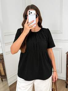 SHEIN LUNE 大尺碼夏季休閒純色短袖襯衫 - 黑色 - 查看 9