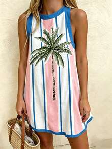 Vaclyn Women's Round Neck Beach Vacation Style Color Block Striped Coconut Tree Pattern Mini Dress - Multicolor - View 4
