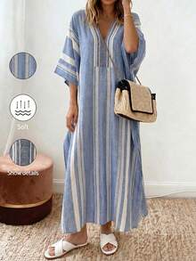 SHEIN Holidaya 女款長版數位印花洋裝，秋季服飾，套頭式，度假沙灘裝，2026新款，休閒熱帶波希米亞通勤風，藍白條紋 - 藍色 - 查看 4