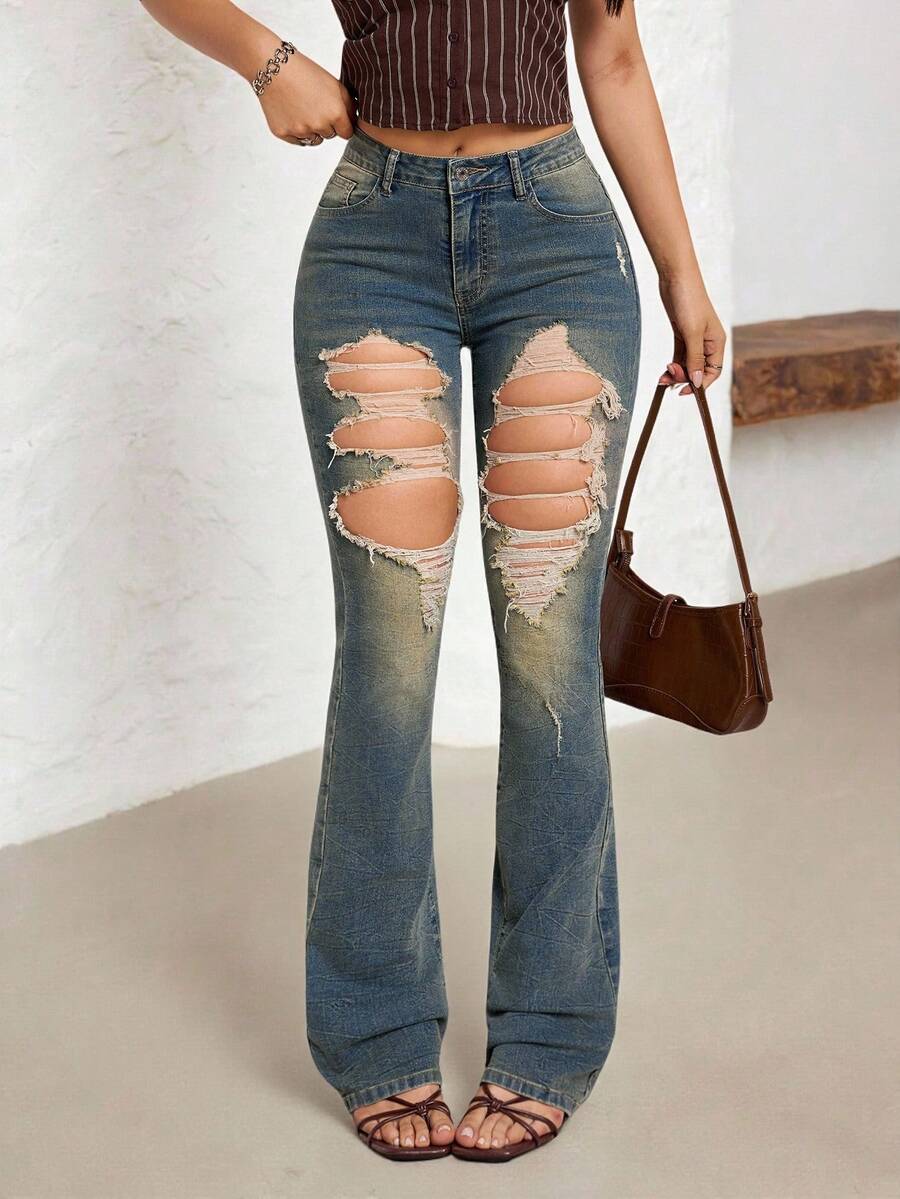 SHEIN Tall 女士高腰口袋破洞喇叭牛仔裤 - 藍色 - 查看 1