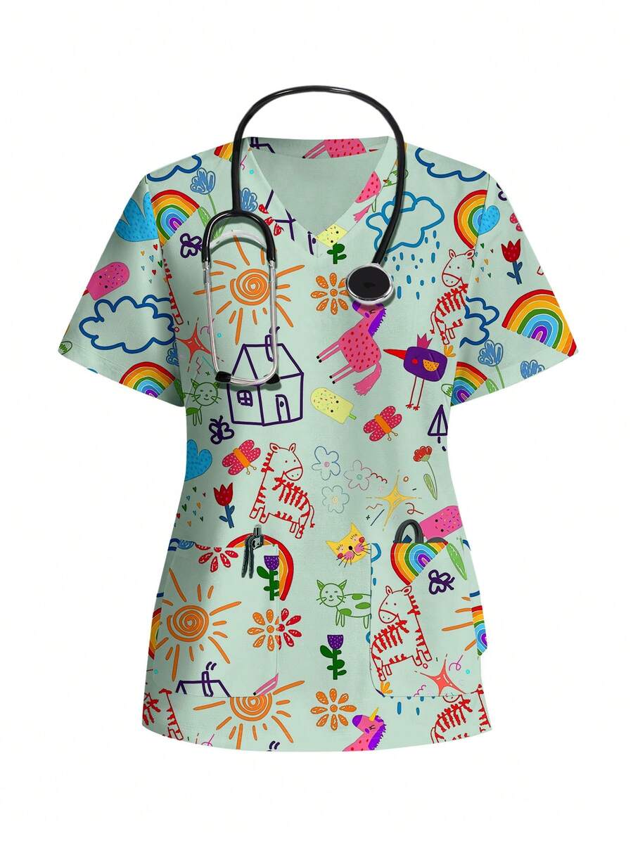 PopScrub Childhood Doodle Pattern Short Sleeve V-Neck Nurse Casual Minimalist Scrub Uniform Top - Multicolor - View 1