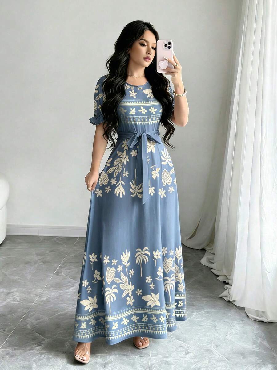 Modelyn 龟壳竹子、椰子树、散叶棕榈叶剪影图案三角形印花浅紫色连衣裙,女士时尚圆领短泡泡袖设计,配腰带,中长连衣裙,优雅夏季连衣裙 - 彩色 - 查看 1
