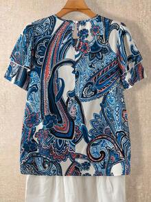 Linhara 大尺碼女款花卉圓領雙層袖短袖休閒襯衫，休閒時尚百搭百褶夏季度假女上衣，田園風短袖襯衫波西米亞女襯衫夏季復古女上衣 - 藍色 - 查看 2