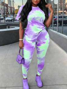 Maweii Set da 2 pezzi per taglie forti: maglietta a maniche corte con stampa a lettere e stampa leopardata e leggings - Multicolore - Visualizzare 1