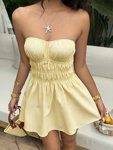 Sunnyshic Vestido mini de algodón con rayas azules, escote bandeau, espalda descubierta, cintura fruncida y corte A para mujer, primavera/verano, paseo por la playa en vacaciones, elegante, lindo, romántico, minimalista para ir al trabajo, compras, citas y uso diario versátil - Amarillo - Ver 7