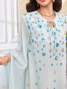 Al Najma Spring/Summer Fashion Elegant Blue Dress With Chiffon Sleeves And Tie, Loose And Long - Blue - View 8