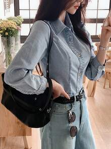 DAZY Light Wash Blue Collared Pocket Loose Long Sleeve Denim Shirt Spring Summer Autumn - Blue - View 7