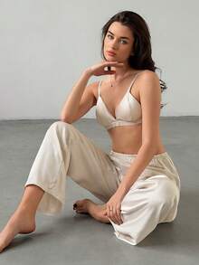Livesso Solid Color Spaghetti Strap Adjustable Bra Loose Straight Leg Long Pajama Pants Lace Patchwork 2pcs Set Summer Wear Women's Pajama Set - Beige - View 5