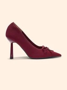 CUCCOO BASICS Elegant Red Knit Slip On Pumps For Ladies Chic Bow Design Pointed Toe Heels - Burgundy - View 1