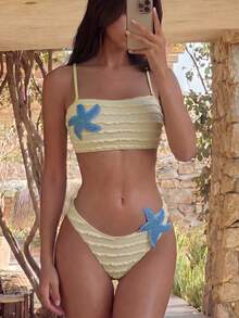 Bonvoyette Summer Beach Vacation Viral Women's Bandeau Top With Detachable Straps, Starfish Embellishment, Special Random Fabric Texture, High-Cut Bottoms - Yellow - View 3