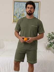 DAZY Solid Color Military Green Short Sleeve T-Shirt And Shorts Pajama Set For Men, Summer - Army Green - View 5