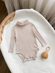 Baby Girl Solid Color Ribbed Texture Long Sleeve Turtleneck Versatile Casual Autumn Bodysuit - Apricot - View 8