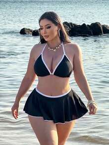 Swim SXY 大尺碼女款性感沙灘裝夏季套裝：細肩帶波點印花上衣搭配對比色荷葉邊比基尼褲比基尼套裝 - 黑與白 - 查看 8