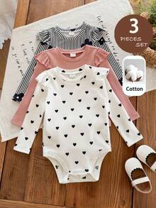 SHEIN Baby Girl Heart, Floral, Ribbed Crew Neck Casual Versatile Autumn Bodysuit 3pcs -Piece Set - Multicolor - View 3