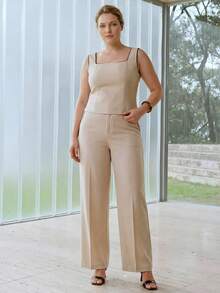 MOTF PREMIUM PLUS SIZE LINEN VISCOSE CONTRAST BINDING SLANT POCKET SEAM FRONT WIDE LEG PANTS FALL - Apricot - View 7