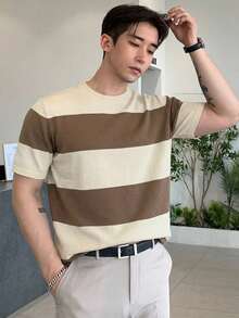 DAZY Top de punto a rayas con bloques de color para hombre, verano - Marrón - Ver 5