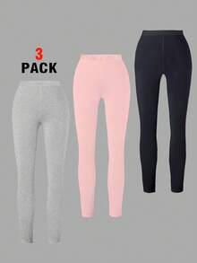 SHEIN 3pcs/Pack Tween Girl Leggings, Versatile Casual Comfortable Long Pants, Suitable For Daily Wear, All Season Chic For Autumn/Winter Fall - Multicolor - View 2