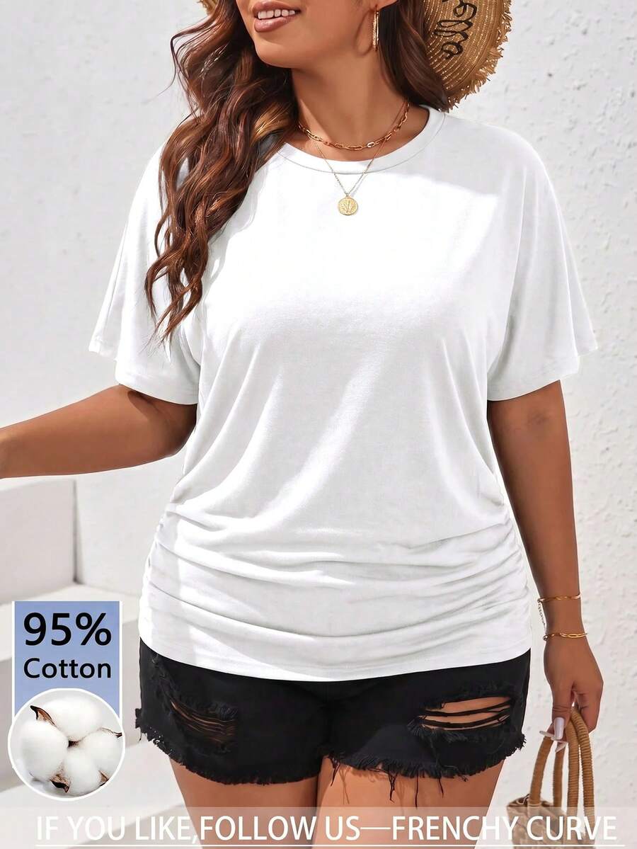 SHEIN Frenchy 大尺碼女款休閒圓領白色T恤上衣,夏季款 - 白色 - 查看 1