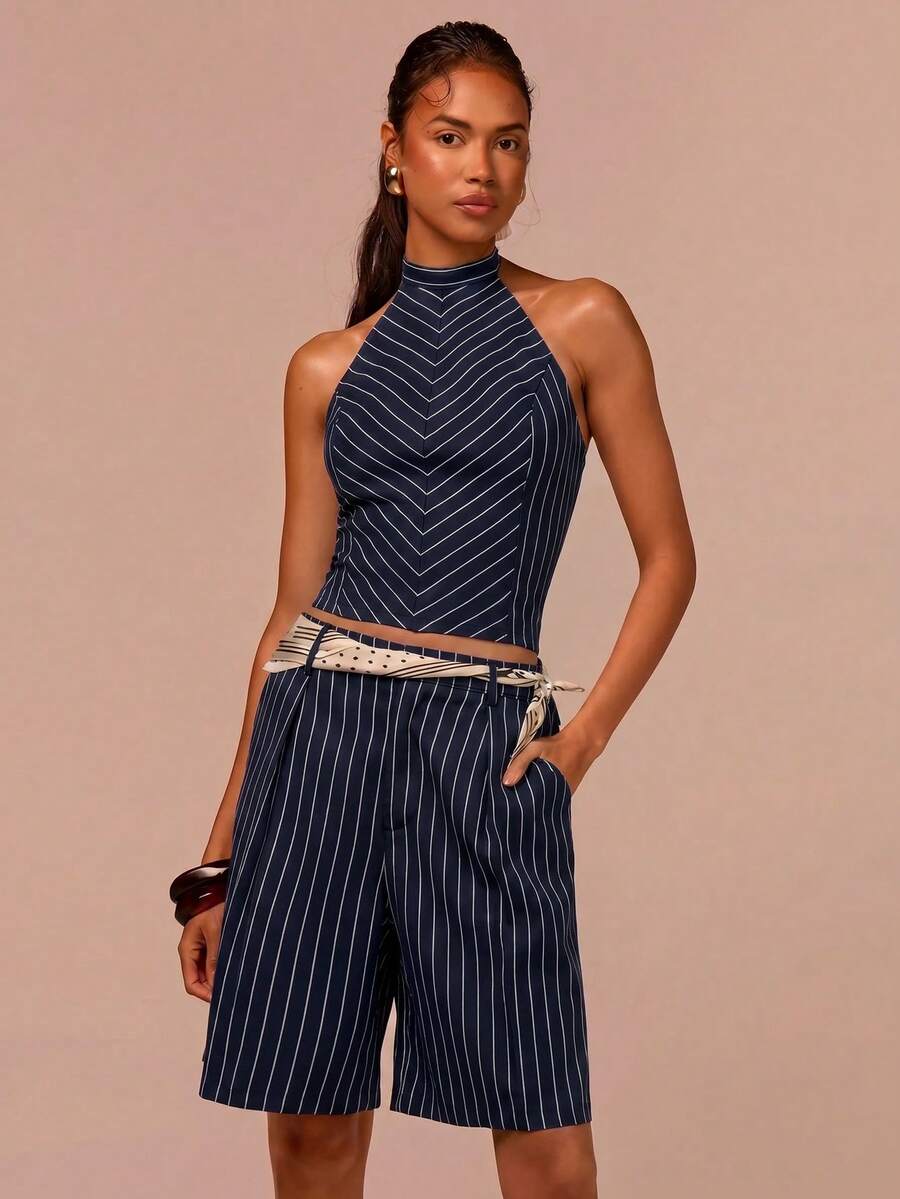 COSMINA Halter Neck Tie Top And Knee Length Shorts Set, Striped Two Pieces Set, Elegant Commuter Women's Set, Apricot Set, Suitable For Office Wear, Street Style Wear, Fashionable Matching Set, Summer Women's Set - Navy Blue - View 1