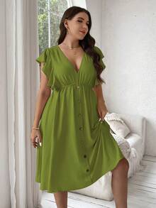 Vionelle Plus Size Women's Solid Color V-Neck Button Ruffle Dress - Green - View 5