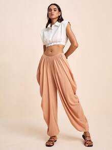 LOTSLUV Women's Summer Vacation Elegant Paris Boho Peach Chiffon Semi-Sheer Oversized Draped Cuffed Pants,Fluid Pants,Summer Trousers,Elegant Pants For Women - Khaki - View 6