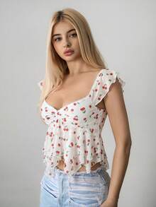 Sweetina 夏季外出黄色可爱娃娃衫女式沙滩度假夏威夷花卉印花网纱背心，夏季时尚 - 白色 - 查看 4