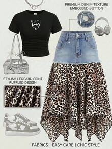 Teen Girl Retro Blue Denim Patchwork Leopard Print Asymmetrical Midi Skirt Casual Festival Beach Graduation Ceremony Vacation Comfortable Casual Festival Beach Vacation Comfortable Y2K Summer Light Washed Long Denim Skirt - Blue - View 1