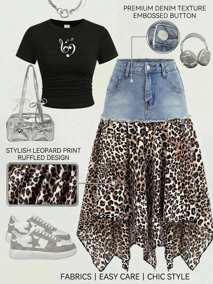 Teen Girl Retro Blue Denim Patchwork Leopard Print Asymmetrical Midi Skirt Casual Festival Beach Graduation Ceremony Vacation Comfortable Casual Festival Beach Vacation Comfortable Y2K Summer Light Washed Long Denim Skirt - Blue - View 1