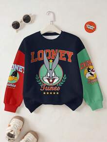 LOONEY TUNES X SHEIN 青少年男孩休闲拼色字母和兔子印花圆领运动衫，秋季 - 白色 - 查看 1