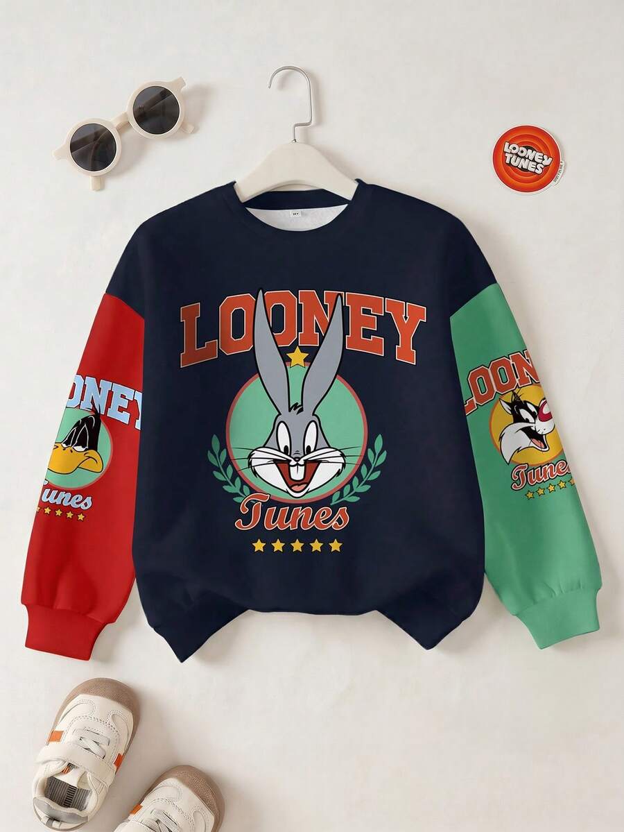 LOONEY TUNES X SHEIN 青少年男孩休闲拼色字母和兔子印花圆领运动衫,秋季 - 白色 - 查看 1