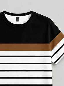 Azurnel Men's Casual Business Striped Contrast Color Denim Crew Neck Short Sleeve T-Shirt - Black - View 4